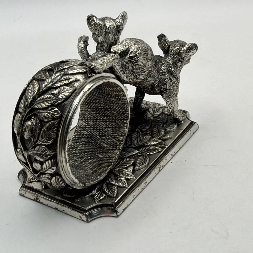 Franklin Mint Animals At Play Napkin Ring Silver Plate Bear Cubs Vintage 1977